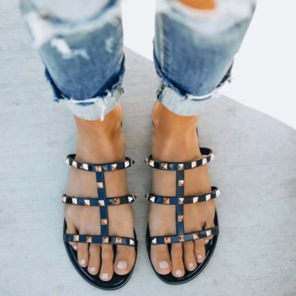 Treasured Gold Rock Stud Sandals -BLACK/ GOLD